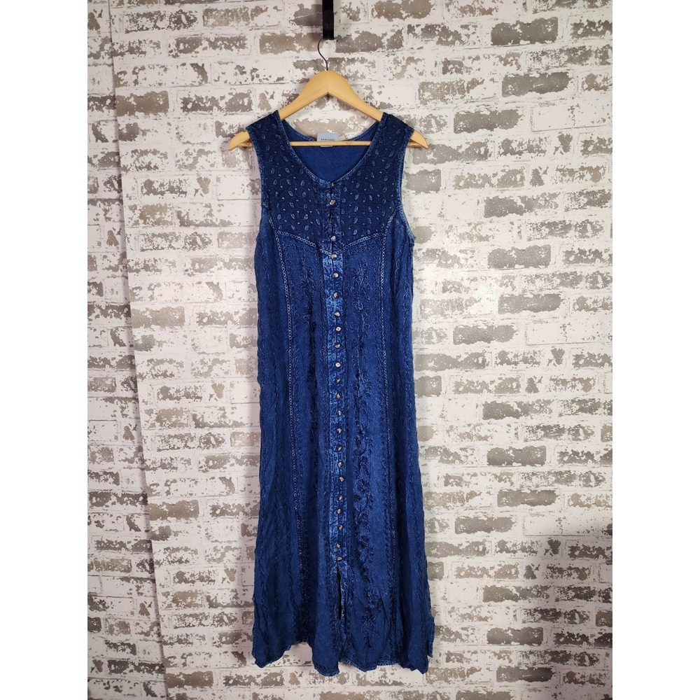 Embroidered Boho Floral Maxi Dress Small Blue Mixed Media Distressed
